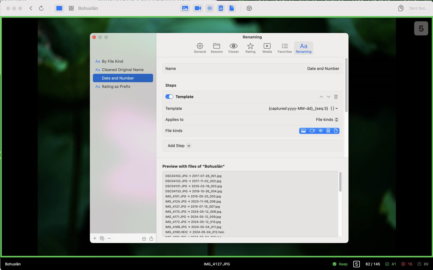 The FlowRate rename rules window with a live preview