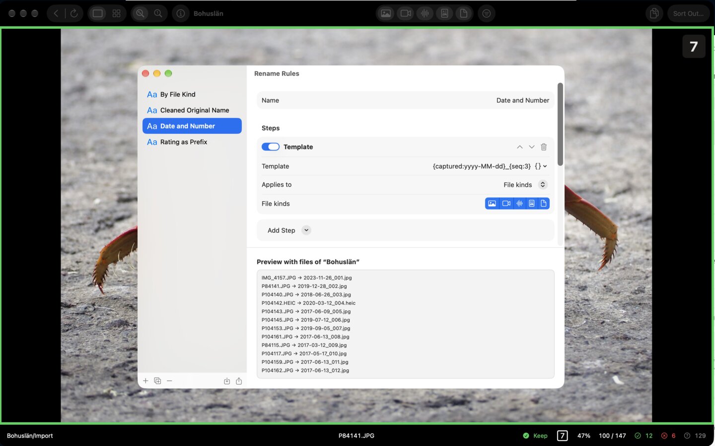 The FlowRate rename rules window with a live preview